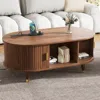 Streamdale Furniture Streamdale 42.5" Oval Fluted Coffee Table With Charging Station, Sliding Door, Walnut