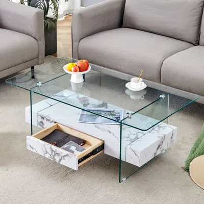 Streamdale Furniture Streamdale 43" Modern Two-tier Coffee Table Glass And Marble