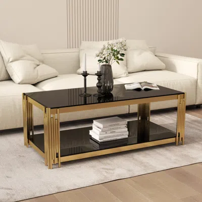 Streamdale Furniture Streamdale 47" Gold Glass Double-layer Coffee Table In Black