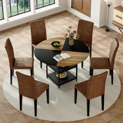 Streamdale Furniture Streamdale 47" Round Dining Set: Table With Storage & 6 Brown Chairs