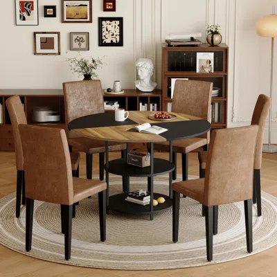 Streamdale Furniture Streamdale 47" Round Dining Set: Table With Storage & 6 Brown Chairs