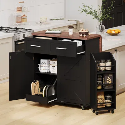 Streamdale Furniture Streamdale 47.2" Farmhouse Kitchen Island With Drop Leaf & Storage, Rolling Cart, Black