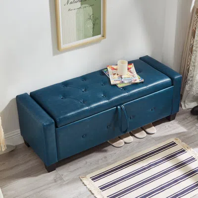Streamdale Furniture Streamdale 48" Storage Ottoman Bench - Tufted Faux Leather Pu Blue