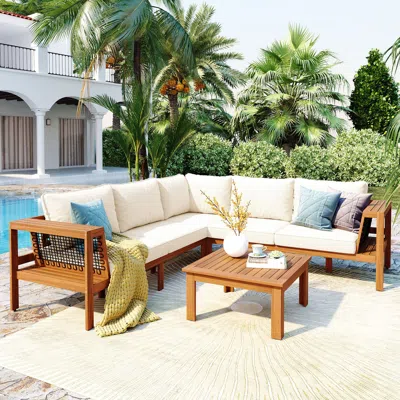 Streamdale Furniture Streamdale 4-piece Acacia Wood Outdoor Sofa Set With Coffee Table And Beige Cushions