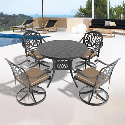 Streamdale Furniture Streamdale 5-pc Cast Aluminum Dining Set, 4 Swivel Chairs, 39" Round Table, Black Frame