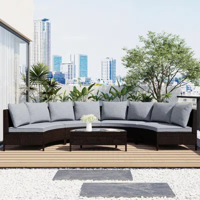 Streamdale Furniture Streamdale 5-piece Brown Wicker Patio Half-moon Sofa Set With Gray Cushions