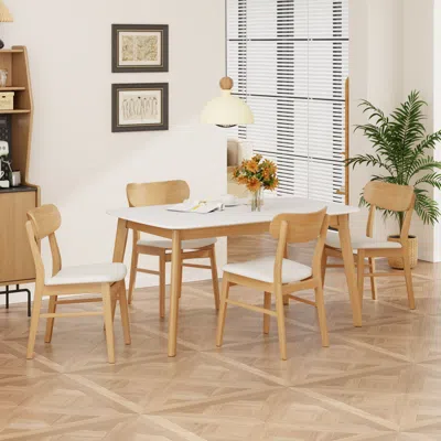 Streamdale Furniture Streamdale 5-piece Dining Table Set With Solid Wood Frame Table And 4 Upholstered Chairs, White Oak+