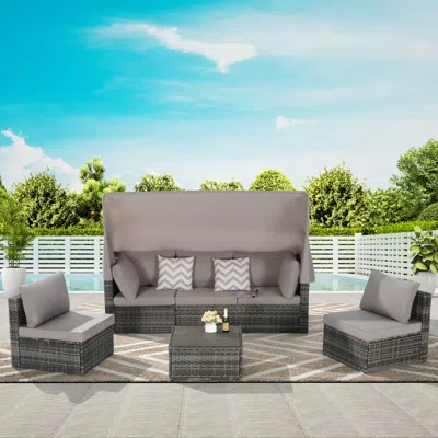 Streamdale Furniture Streamdale 5-piece Outdoor Wicker Daybed Set With Canopy & Cushions