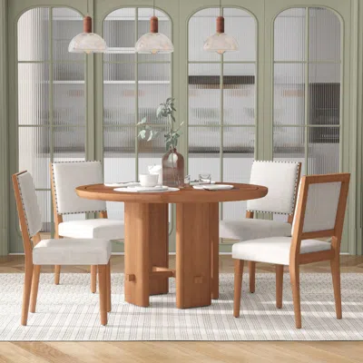 Streamdale Furniture Streamdale 5-piece Round Dining Set: Table & 4 Upholstered Chairs (brown)