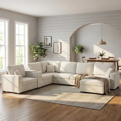 Streamdale Furniture Streamdale 5-seat 134" U-shape Sectional Sofa With Chaise, Cup Holders & Storage, Beige In White
