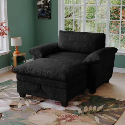 Streamdale Furniture Streamdale 51" Black Chenille Chaise Lounge With Ottoman & Storage
