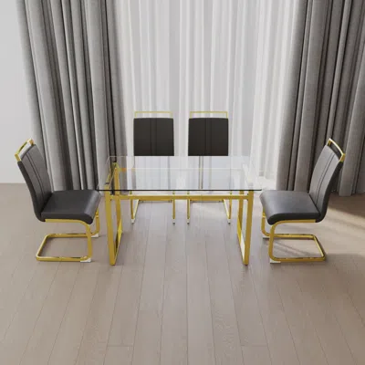 Streamdale Furniture Streamdale 51" Glass Dining Set [4 Chairs] + Golden Legs