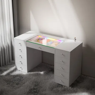 Streamdale Furniture Streamdale 51.2" Rgb Led Vanity Desk, Modern Glass Top Makeup Table With 11 Drawers In White