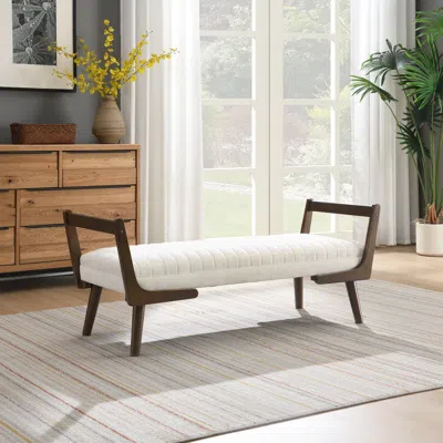 Streamdale Furniture Streamdale 52" Mid Century Bench With Walnut Wood Leg, Channeled Upholstered Footrest Stool In White