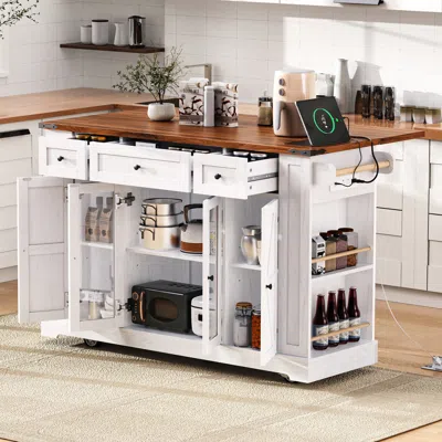 Streamdale Furniture Streamdale 53" Farmhouse Kitchen Island Cart - Drop Leaf, Power Outlet
