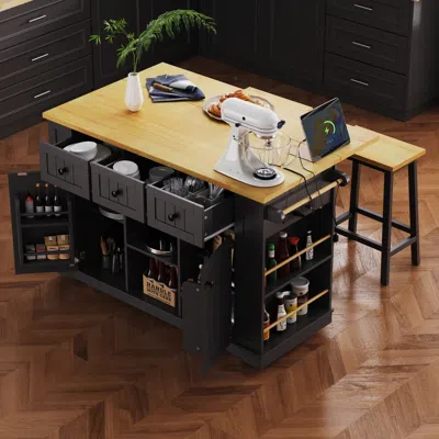 Streamdale Furniture Streamdale 53" Kitchen Island Cart With Power Outlet, Storage, And Side Racks