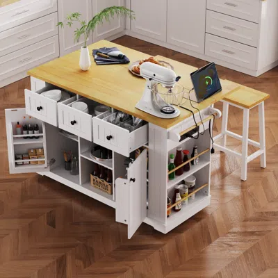 Streamdale Furniture Streamdale 53" Kitchen Island With Drop Leaf, Outlets, Storage, And Side Racks