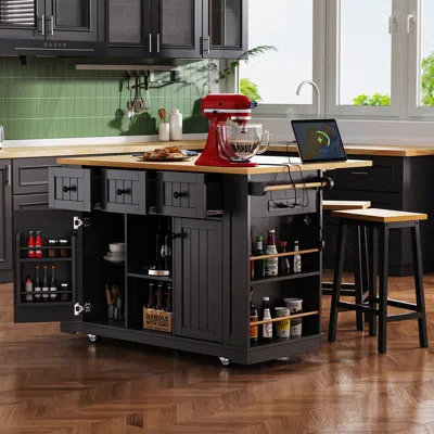 Streamdale Furniture Streamdale 53" Kitchen Island With Storage, Power Outlet, Bar Stools