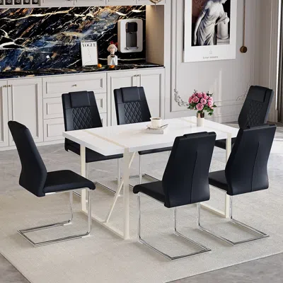 Streamdale Furniture Streamdale 55" Cream White Dining Set: Table & 6 Black Chairs