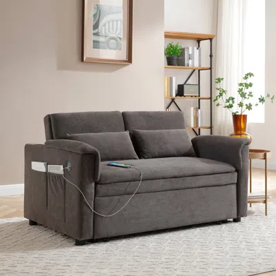 Streamdale Furniture Streamdale 55" Velvet Pull Out Sofa Bed W/ Usb, Pockets, Pillows - Grey In Brown