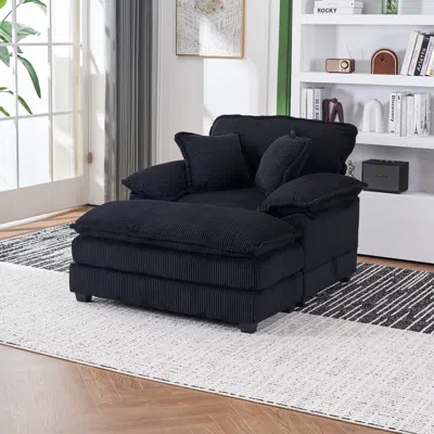 Streamdale Furniture Streamdale 56.3 Inch Corduroy Single Sofa With 2 Toss Pillows And A Ottoman In Black