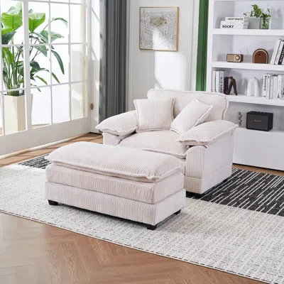 Streamdale Furniture Streamdale 56.3 Inch Corduroy Single Sofa With 2 Toss Pillows And A Ottoman In Neutral