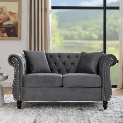 Streamdale Furniture Streamdale 58.8" Grey Velvet Chesterfield Sofa, 2 Seater, Rolled Arms, Nailhead In Gray