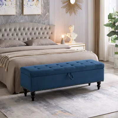 Streamdale Furniture Streamdale 59" Bed Bench Ottoman With Storage Fabric In Blue