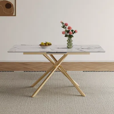 Streamdale Furniture Streamdale 59" Expandable Sintered Stone Dining Table With Golden X-base