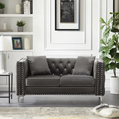 Streamdale Furniture Streamdale 59.4 Inch Wide Grey Velvet Sofa With Jeweled Buttons In Gray