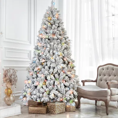 Streamdale Furniture Streamdale 5ft Flocked Christmas Tree W/ 300 Lights 27 Pine Cones 600 Snowy Tips In White