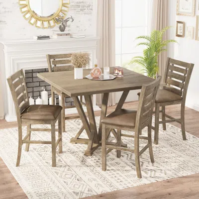 Streamdale Furniture Streamdale 5pcs Set Counter Table Set Square Counter Table Solid Wood Modern Farmhouse Rustic Look D