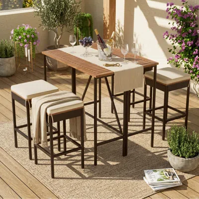 Streamdale Furniture Streamdale 5-piece Acacia Wood & Wicker Outdoor Bar Height Bistro Set With Cushions