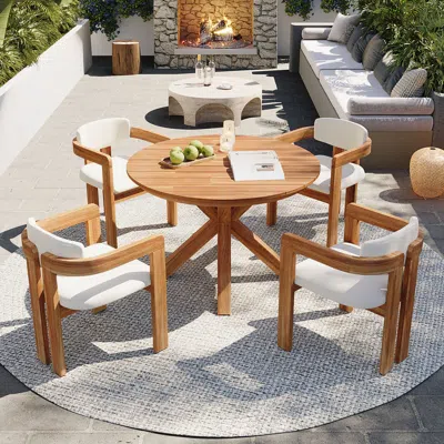 Streamdale Furniture Streamdale 5-piece Acacia Wood Round Patio Dining Set With Cushioned Barrel Chairs