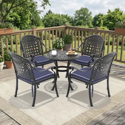 Streamdale Furniture Streamdale 5-piece Cast Aluminum Patio Furniture Set With Black Frame & Blue Cushions
