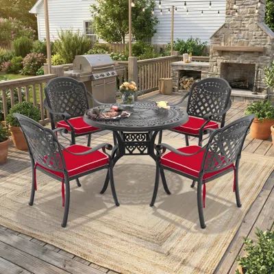 Streamdale Furniture Streamdale 5-piece Cast Aluminum Patio Furniture Set With Red Cushions