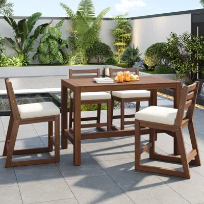 Streamdale Furniture Streamdale 5-piece Rustic Wood Patio Bar Set With Cushions (mocha/beige)