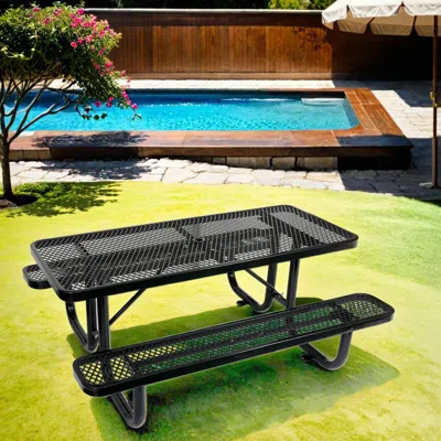 Streamdale Furniture Streamdale 6 Ft, Rectangular Outdoor Steel Picnic Table With Umbrella Pole In Black