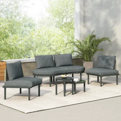 Streamdale Furniture Streamdale 6-pc Half Moon Patio Sofa Set, Wicker, Glass Tables, Cushions & Pillows - Gray