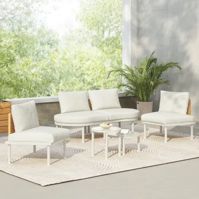 Streamdale Furniture Streamdale 6-piece Half Moon Patio Sofa Set, Wicker, Glass Tables, Cushions & Pillows