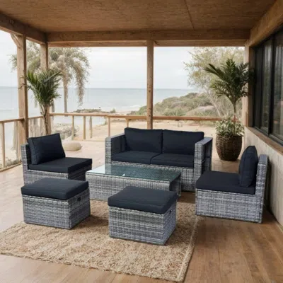 Streamdale Furniture Streamdale 6-piece Wicker Patio Sectional Set - Grey Wicker & Black Cushions