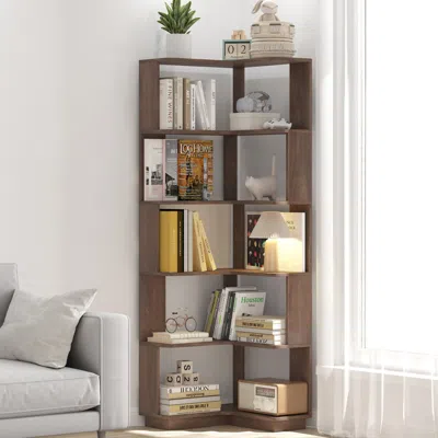 Streamdale Furniture Streamdale 6 Tier L-shaped Corner Bookshelf With Anti-drop & Anti-tipping Device - Dark Brown