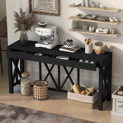 Streamdale Furniture Streamdale 60" Acacia Console Table - Crisscross Design & 4 Drawers In Black