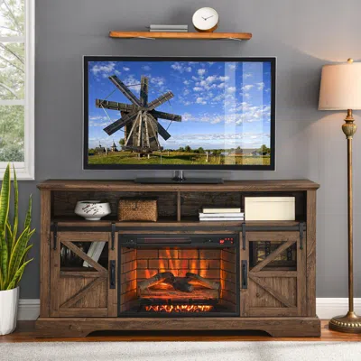 Streamdale Furniture Streamdale 60 Inch Electric Fireplace Entertainment Center With Door Sensor In Brown