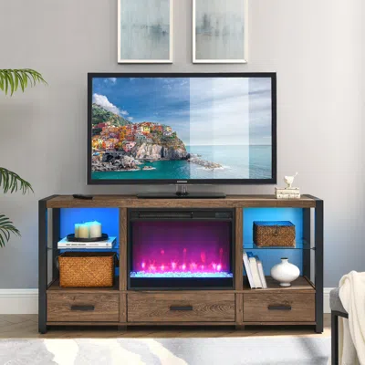 Streamdale Furniture Streamdale 60 Inch Electric Fireplace Media Tv Stand With Sync Colorful Led In Brown
