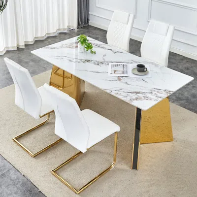 Streamdale Furniture Streamdale 63" Cold Jade Dining Set: Stone Table & 4 White Pu Chairs