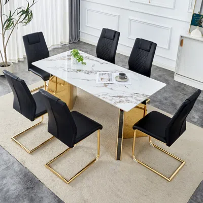 Streamdale Furniture Streamdale 63" Cold Jade Dining Set: Stone Table & 6 Black Pu Chairs