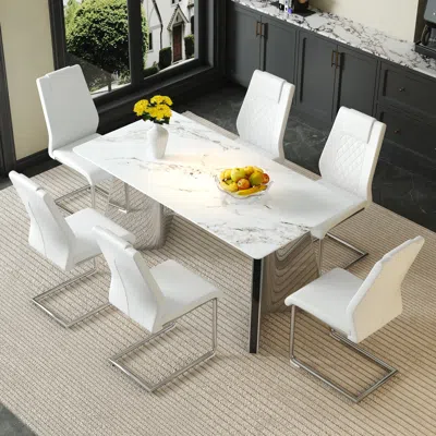 Streamdale Furniture Streamdale 63" Cold Jade Dining Table Set With 6 White Pu Chairs