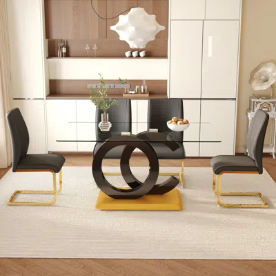 Streamdale Furniture Streamdale 63" Glass Dining Set: Table & 4 Black Chairs, Gold Legs