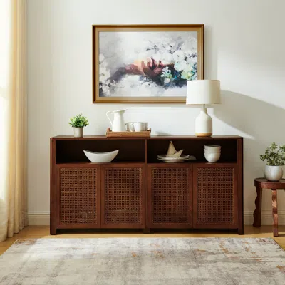 Streamdale Furniture Streamdale 63" Mid Century Modern Rattan Sideboard Buffet Cabinet With Storage, Retro Coffee Bar Cre